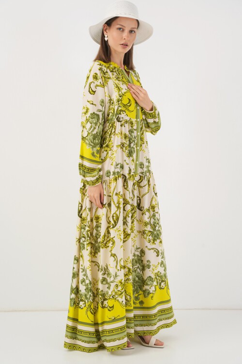 Kadın Desenli Uzun Tesettür Elbise 2585 - E.Yeşil