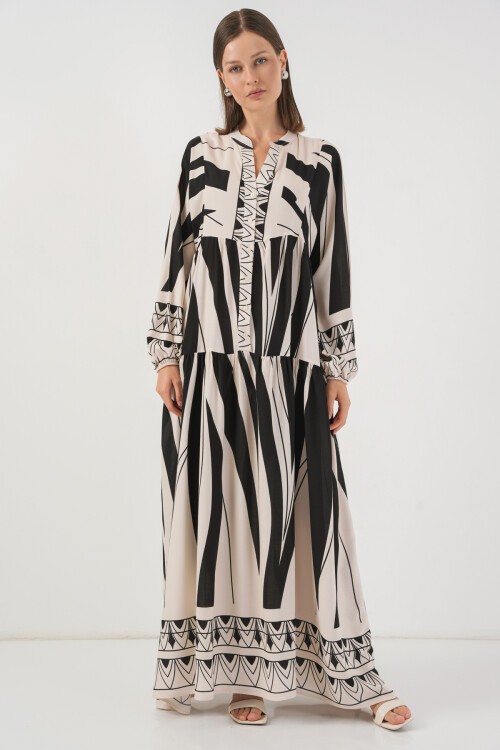 Kadın Desenli Uzun Tesettür Elbise 2585 - F. Siyah