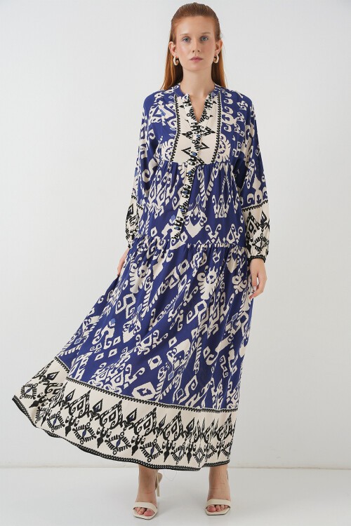 Kadın Desenli Uzun Tesettür Elbise 2585 - İndigo