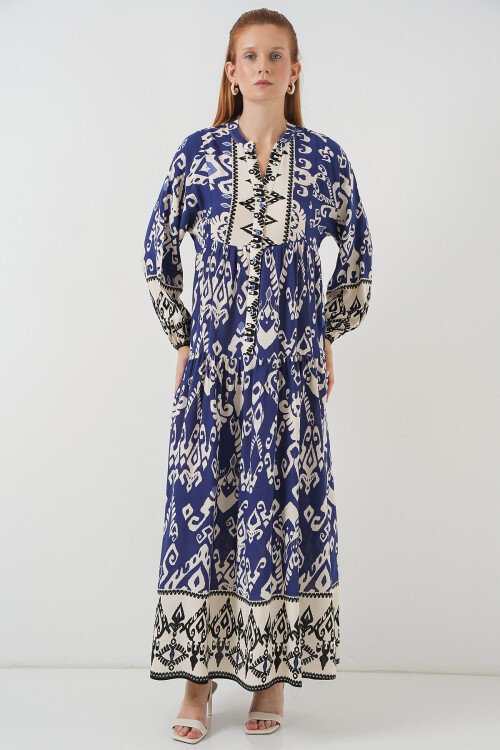 Kadın Desenli Uzun Tesettür Elbise 2585 - İndigo