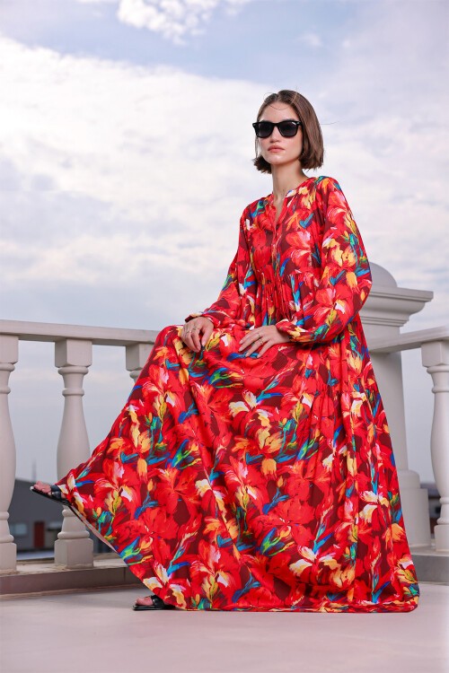 Kadın Desenli Uzun Tesettür Elbise 2585 - Kırmızı