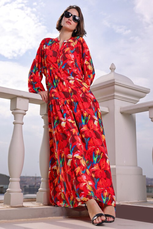 Kadın Desenli Uzun Tesettür Elbise 2585 - Kırmızı