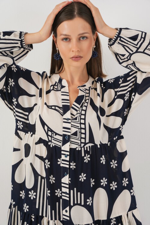 Kadın Desenli Uzun Tesettür Elbise 2585 - L. Lacivert