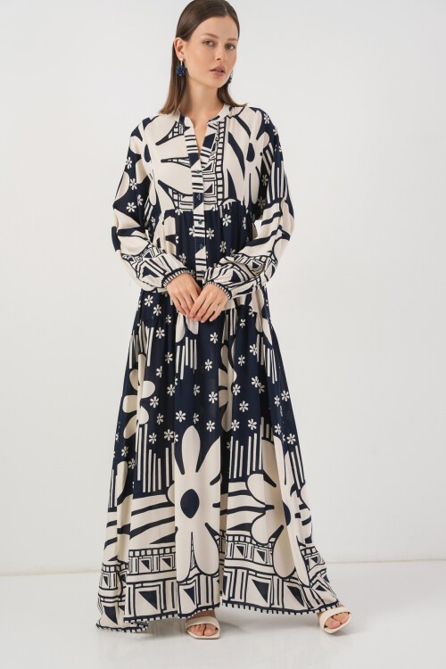 Kadın Desenli Uzun Tesettür Elbise 2585 - L. Lacivert