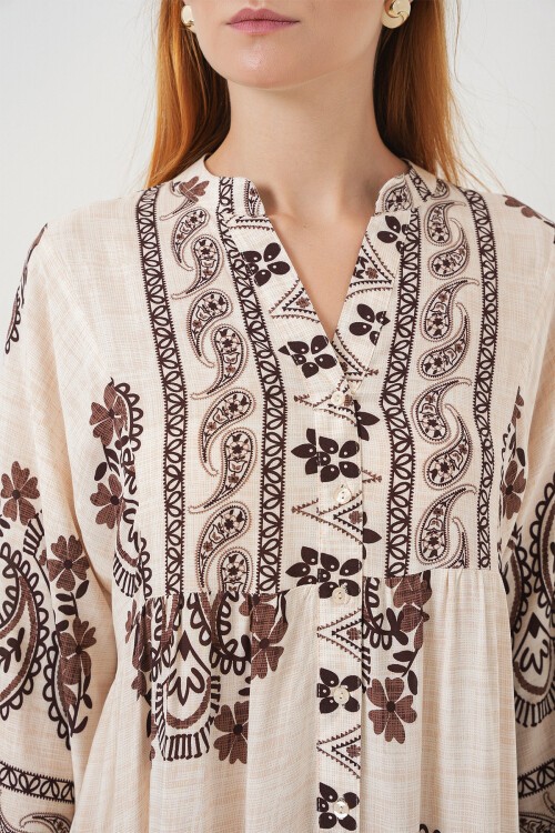 Kadın Desenli Uzun Tesettür Elbise 2585 - M. Kahverengi