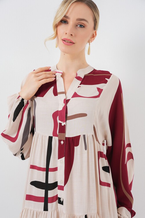 Kadın Desenli Uzun Tesettür Elbise 2585 - M. Krem