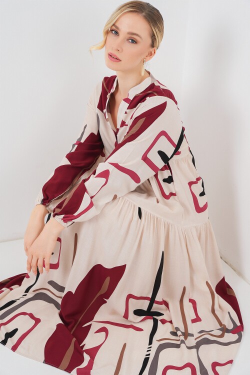 Kadın Desenli Uzun Tesettür Elbise 2585 - M. Krem