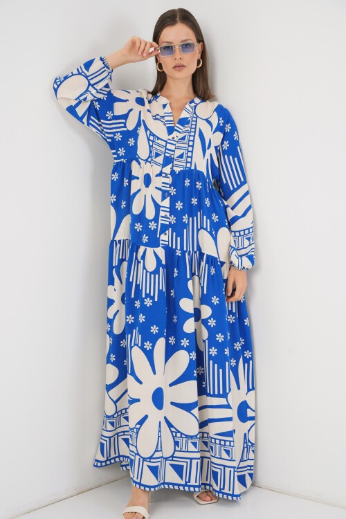 Kadın Desenli Uzun Tesettür Elbise 2585 - Mavi