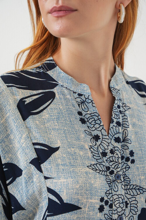 Kadın Desenli Uzun Tesettür Elbise 2585 - Mavi - Lacivert