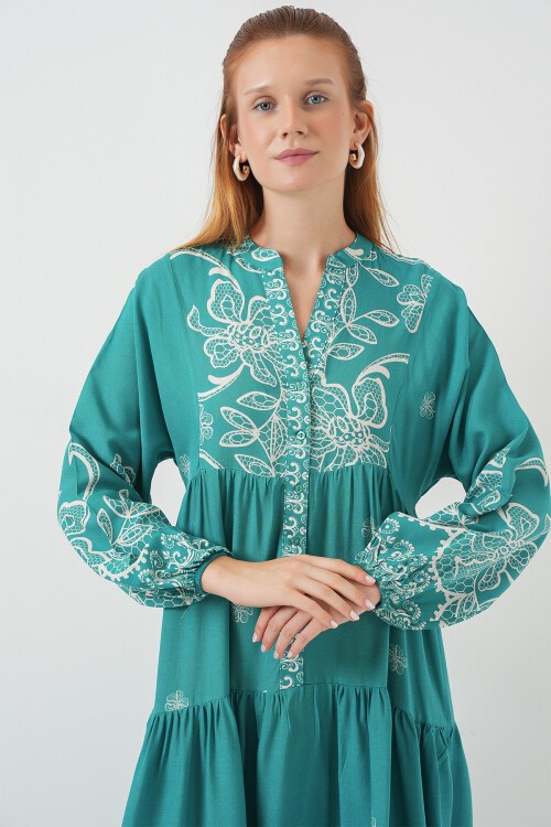 Kadın Desenli Uzun Tesettür Elbise 2585 - Mint