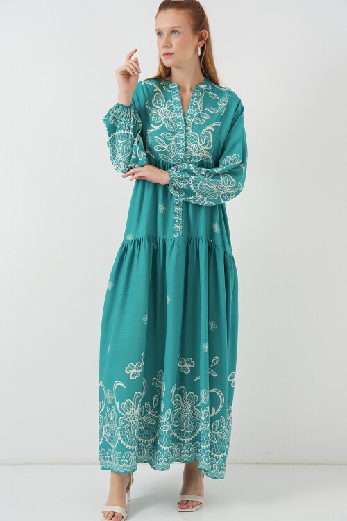 Kadın Desenli Uzun Tesettür Elbise 2585 - Mint