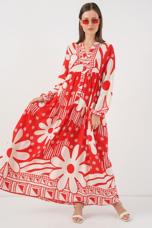 Kadın Desenli Uzun Tesettür Elbise 2585 - N. Kırmızı