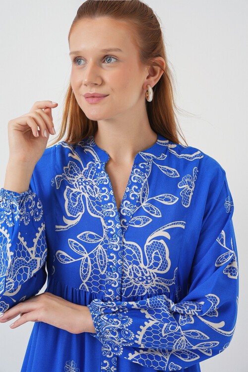 Kadın Desenli Uzun Tesettür Elbise 2585 - Saks