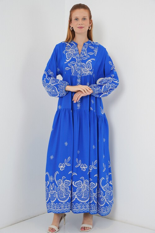 Kadın Desenli Uzun Tesettür Elbise 2585 - Saks