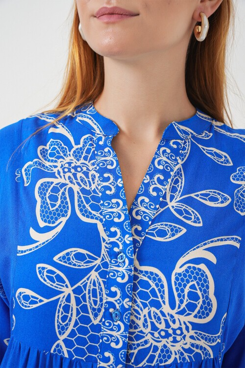 Kadın Desenli Uzun Tesettür Elbise 2585 - Saks