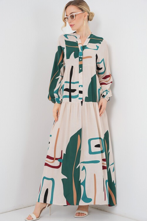 Kadın Desenli Uzun Tesettür Elbise 2585 - Siyah - Krem