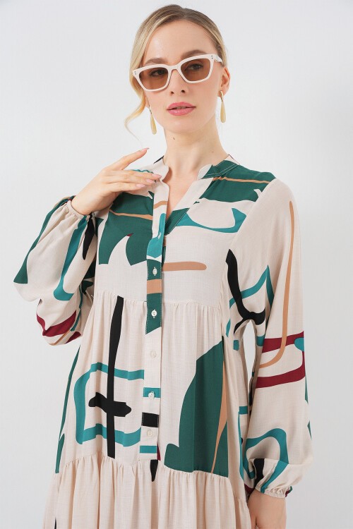 Kadın Desenli Uzun Tesettür Elbise 2585 - Siyah - Krem