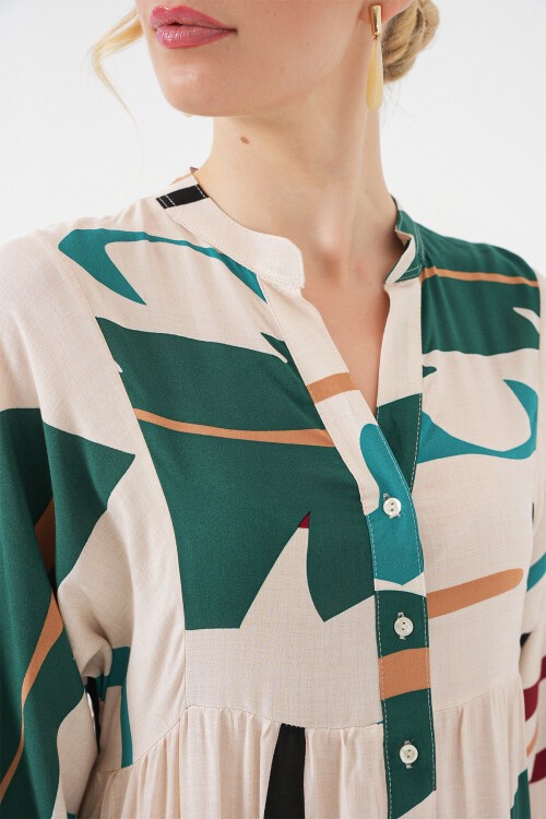 Kadın Desenli Uzun Tesettür Elbise 2585 - Siyah - Krem