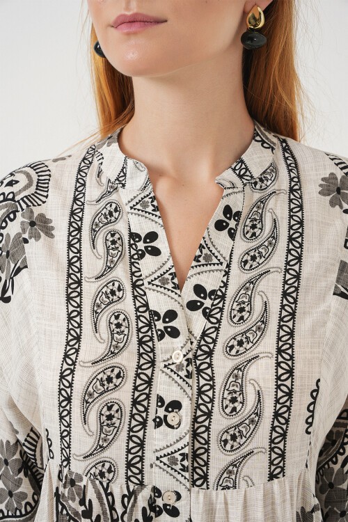 Kadın Desenli Uzun Tesettür Elbise 2585 - Taş