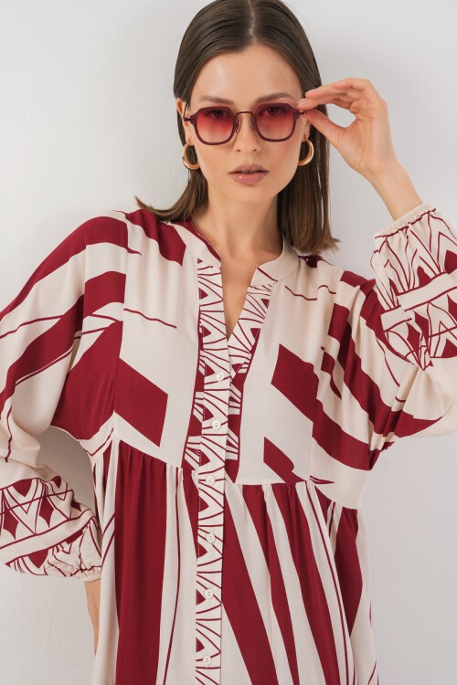 Kadın Desenli Uzun Tesettür Elbise 2585 - Y.Bordo