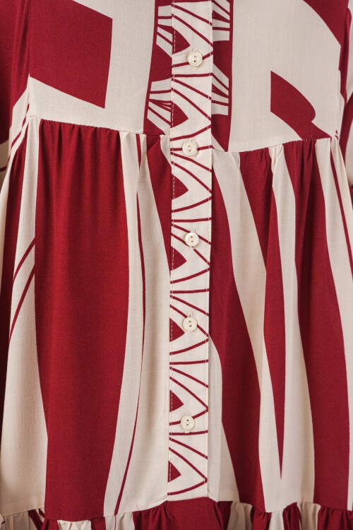 Kadın Desenli Uzun Tesettür Elbise 2585 - Y.Bordo