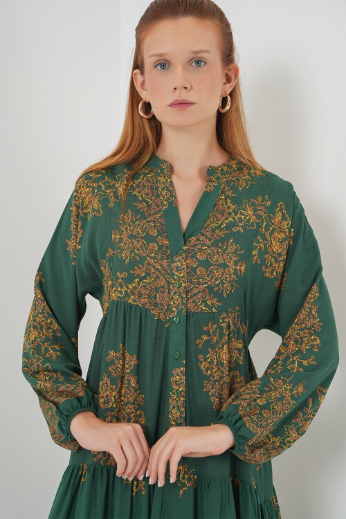 Kadın Desenli Uzun Tesettür Elbise 2585 - Y.Zümrüt