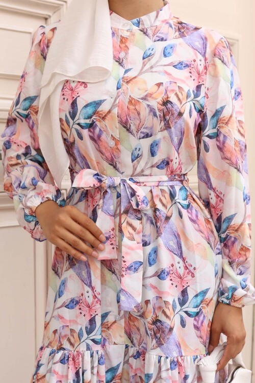 Kadın Desenli Uzun Tesettür Elbise 2586 - A.Pudra