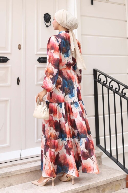 Kadın Desenli Uzun Tesettür Elbise 2586 - Bordo