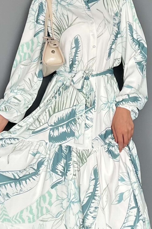 Kadın Desenli Uzun Tesettür Elbise 2586 - Çağla