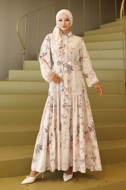 Kadın Desenli Uzun Tesettür Elbise 2586 - Krem