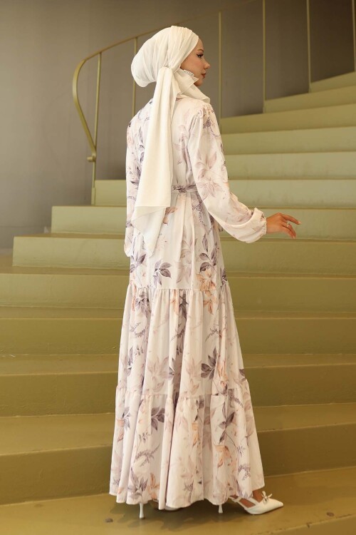 Kadın Desenli Uzun Tesettür Elbise 2586 - Krem