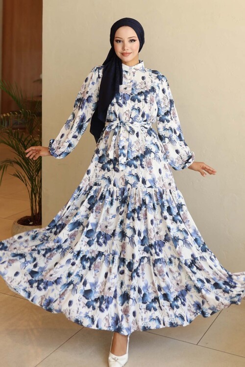 Kadın Desenli Uzun Tesettür Elbise 2586 - Lacivert
