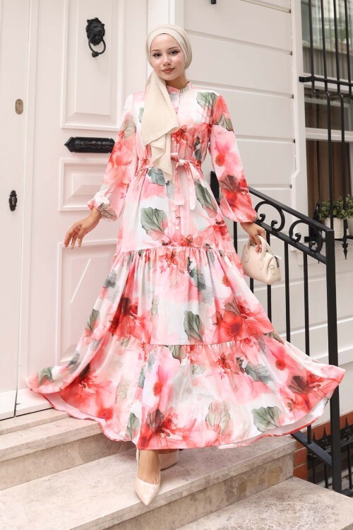 Kadın Desenli Uzun Tesettür Elbise 2586 - Nar