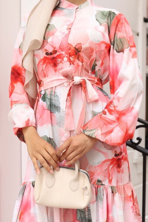 Kadın Desenli Uzun Tesettür Elbise 2586 - Nar