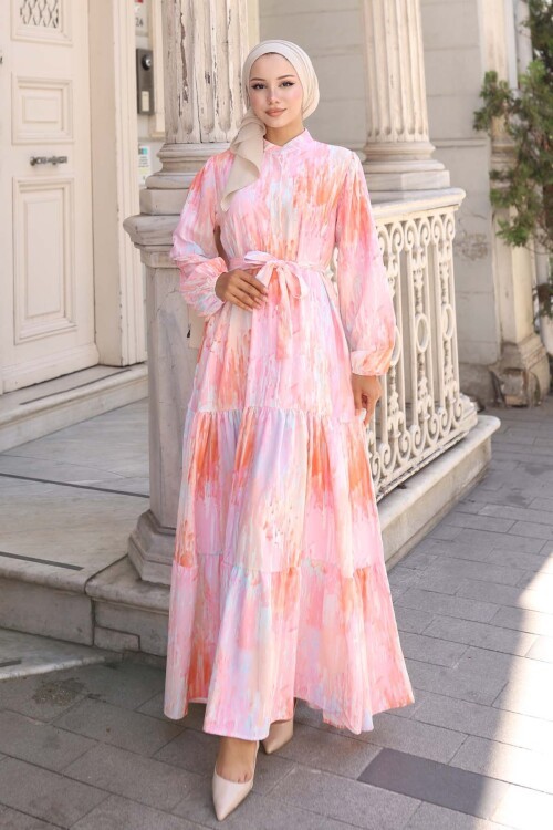 Kadın Desenli Uzun Tesettür Elbise 2586 - Pembe