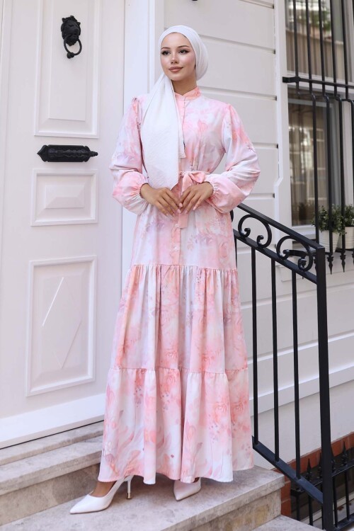 Kadın Desenli Uzun Tesettür Elbise 2586 - Pudra