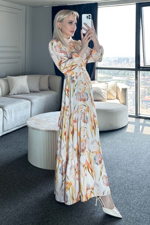 Kadın Desenli Uzun Tesettür Elbise 2586 - Sarı