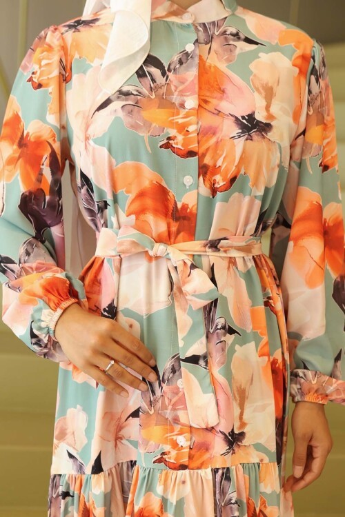 Kadın Desenli Uzun Tesettür Elbise 2586 - Turuncu