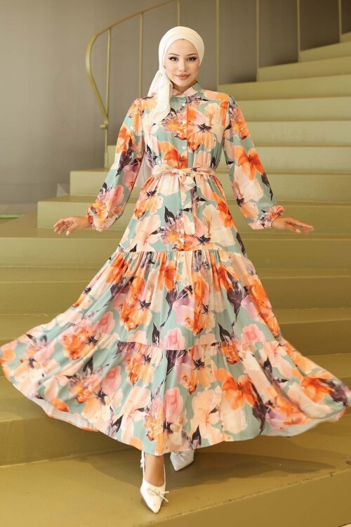 Kadın Desenli Uzun Tesettür Elbise 2586 - Turuncu