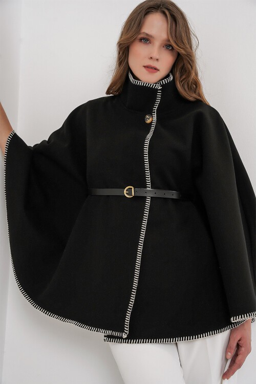 Kadın Dikiş Detaylı Kaşe Panço 9166 - Siyah