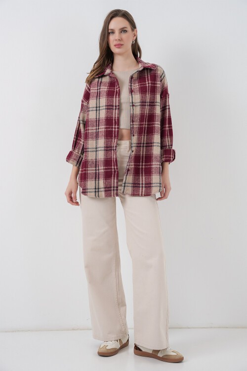 Kadın Ekose Desen Oversize Oduncu Gömlek 3854 Bordo