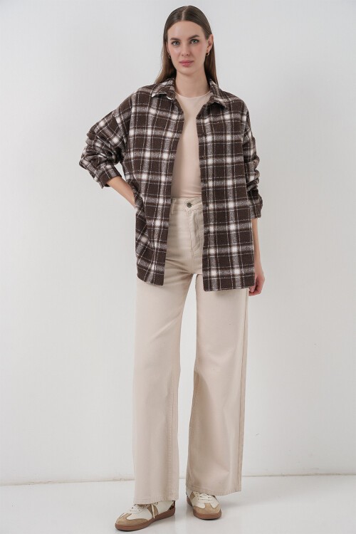 Kadın Ekose Desen Oversize Oduncu Gömlek 3854 C. Kahverengi