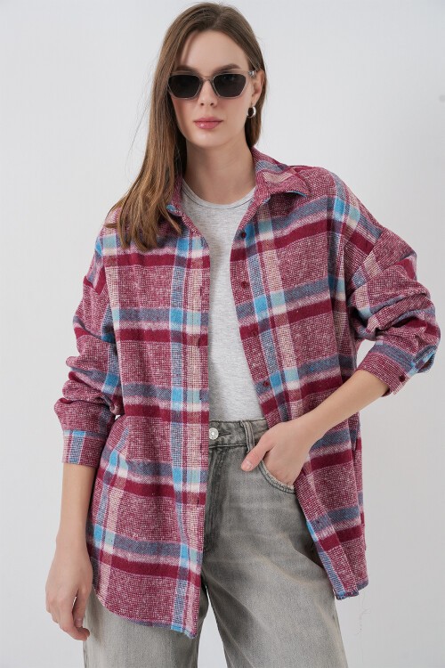 Kadın Ekose Desen Oversize Oduncu Gömlek 3854 Mor