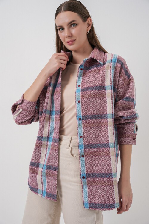 Kadın Ekose Desen Oversize Oduncu Gömlek 3854 Pembe