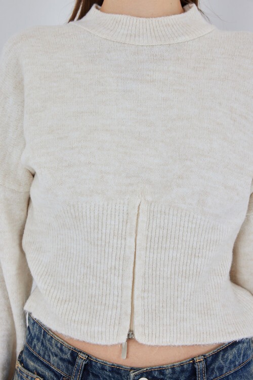 Kadın Fermuarlı Triko Kazak 15937 - Ekru