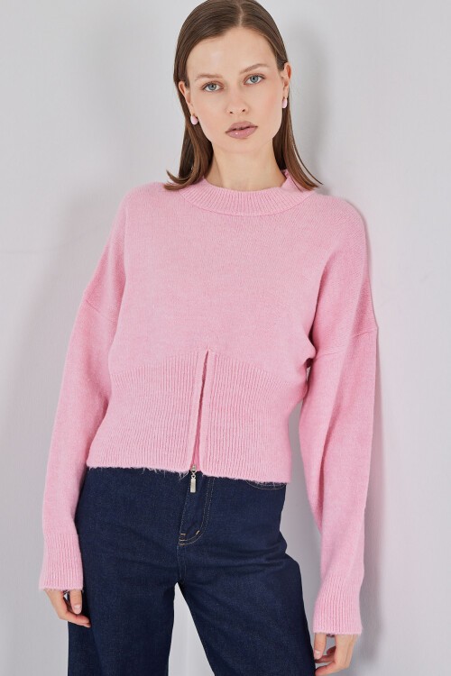 Kadın Fermuarlı Triko Kazak 15937 - Pembe
