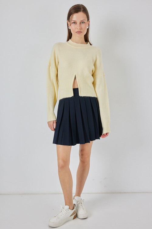 Kadın Fermuarlı Triko Kazak 15937 - Sarı