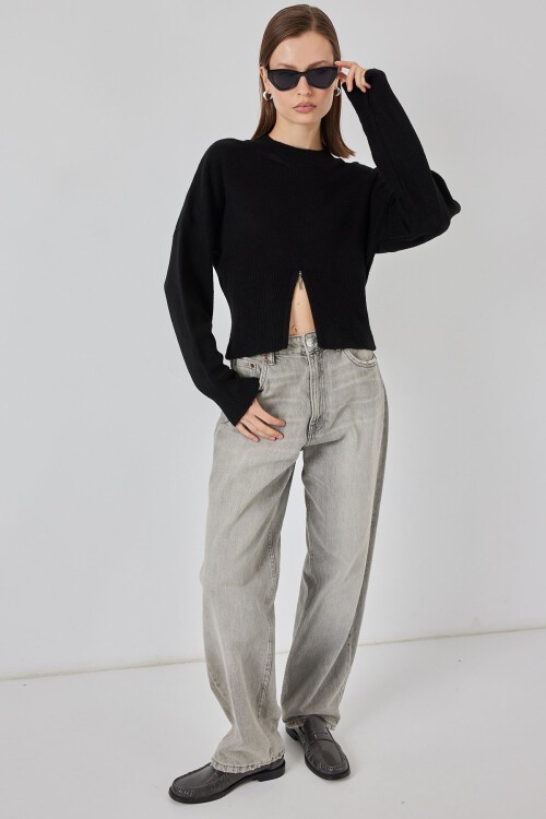 Kadın Fermuarlı Triko Kazak 15937 - Siyah