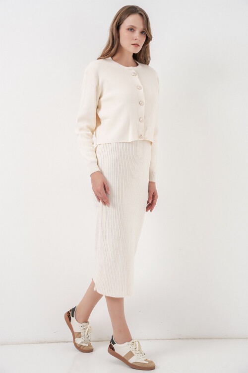 Kadın Hırka Elbise Triko İkili Takım 15960 - Ekru