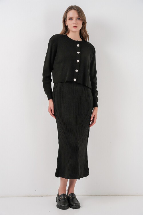 Kadın Hırka Elbise Triko İkili Takım 15960 - Siyah